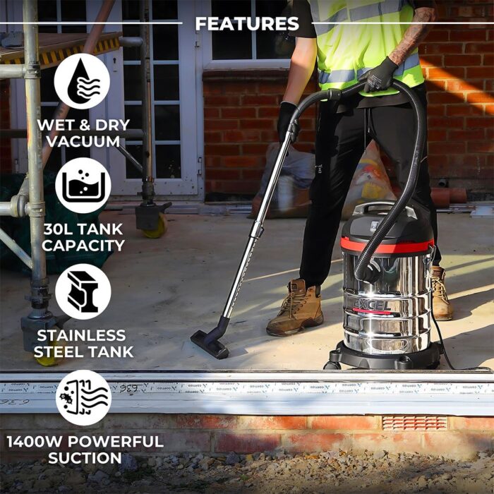 Excel 30L Wet & Dry Vacuum Cleaner 240V/1400W Without Power Take Off Socket - Image 2
