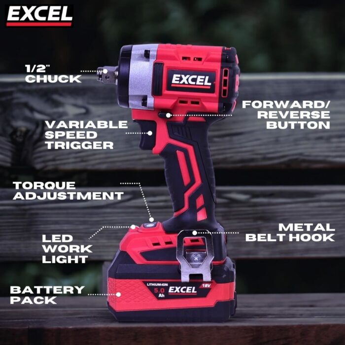 Excel 18V Cordless Brushless 1/2'' Impact Wrench with 1 x 2.0Ah Battery & Charger - Image 3