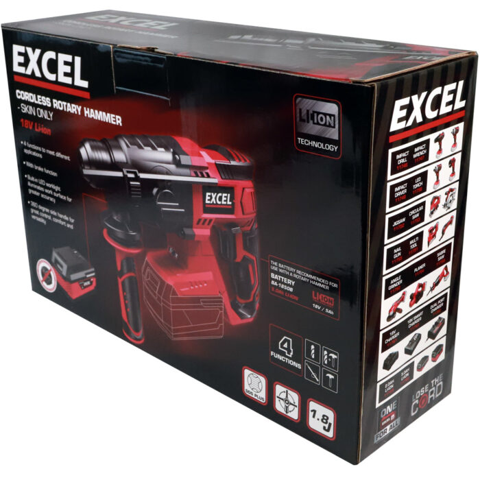 Excel 18V Cordless SDS-Plus Rotary Hammer Drill with Chuck & Chisel Set 4 Piece - Image 12