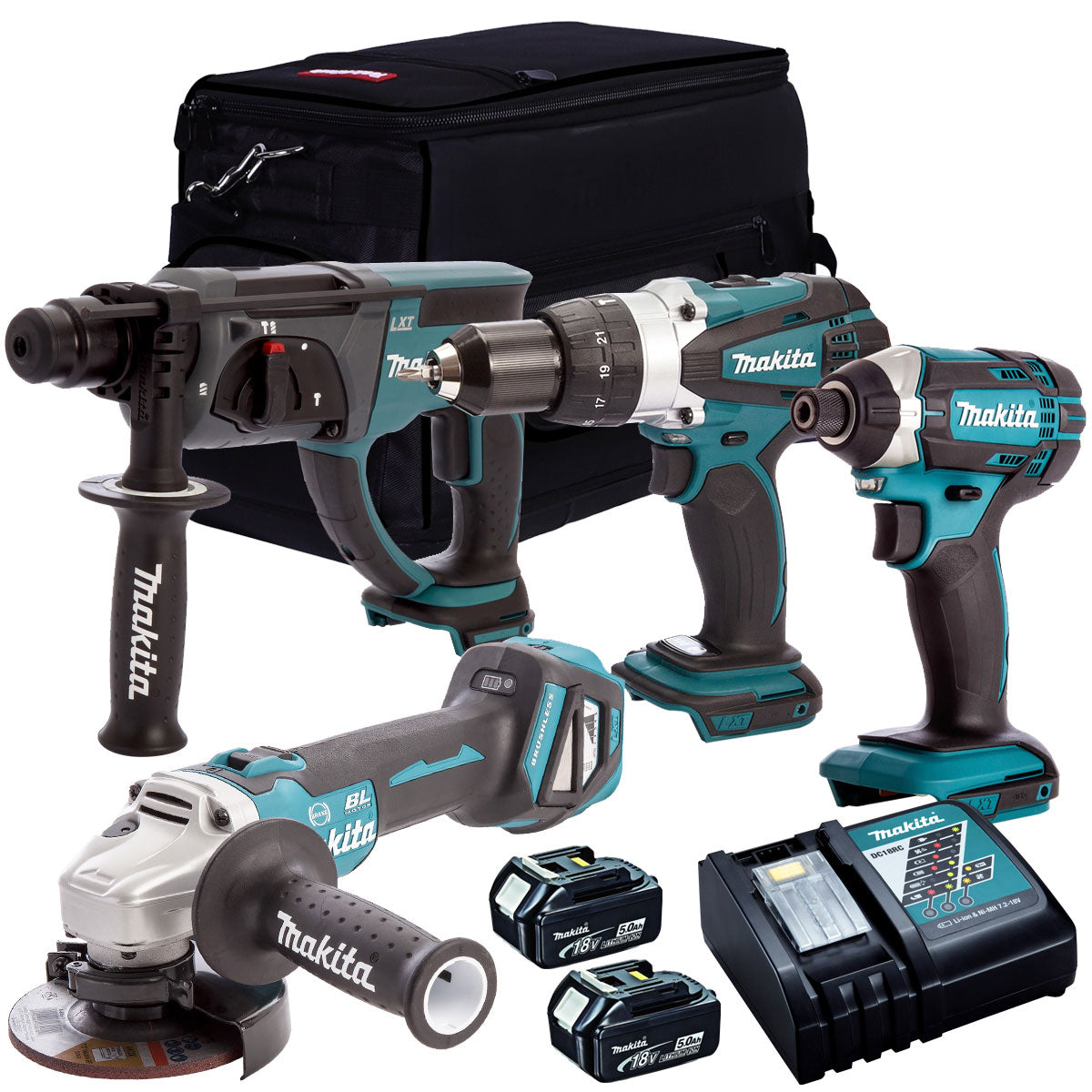13116J Makita 4 Piece 18V Li-ion with 2 x 5.0Ah Batteries & Charger T4TKIT-1520 - Image 1
