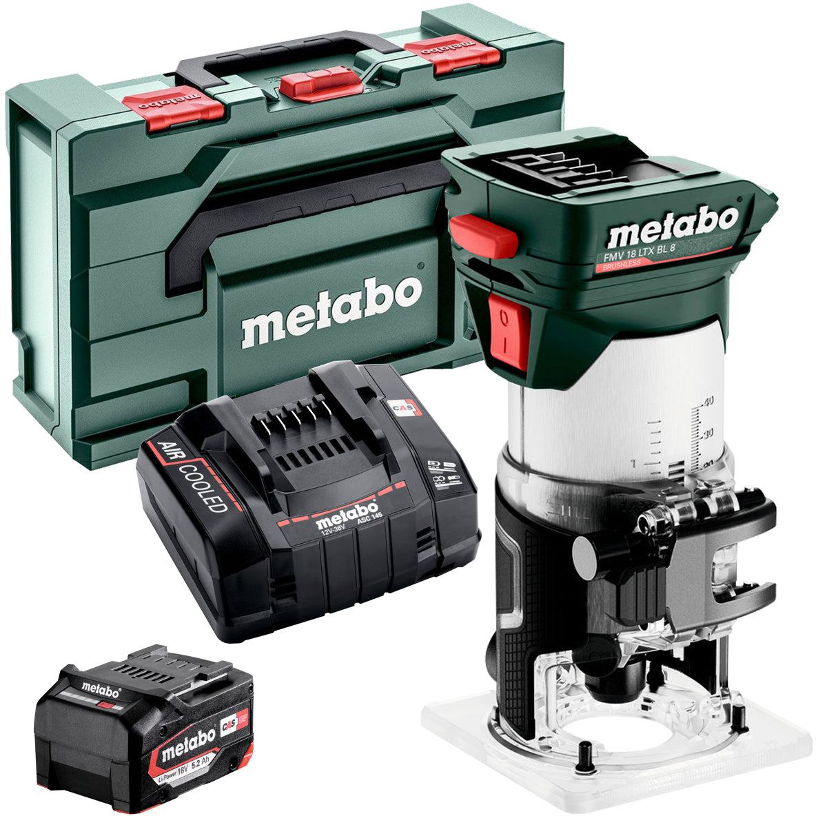 17542A Metabo FMV 18 LTX BL 8 18V Brushless 1/4" Trim Router with 1 x 5.2Ah Battery Charger & Metabox - Image 1