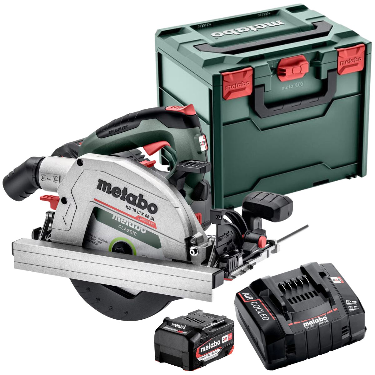 17587A Metabo KS 18 LTX 66 BL 18V Brushless 165mm Circular Saw with 1 x 5.2Ah Battery Charger & Metabox - Image 1