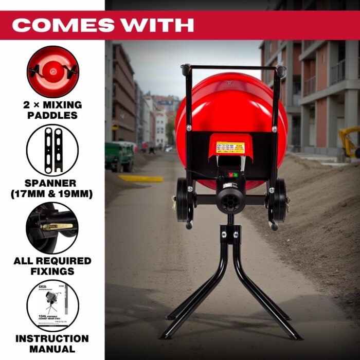 Excel 134L Portable Cement Mixer 240V/370W with Wheels - Image 7