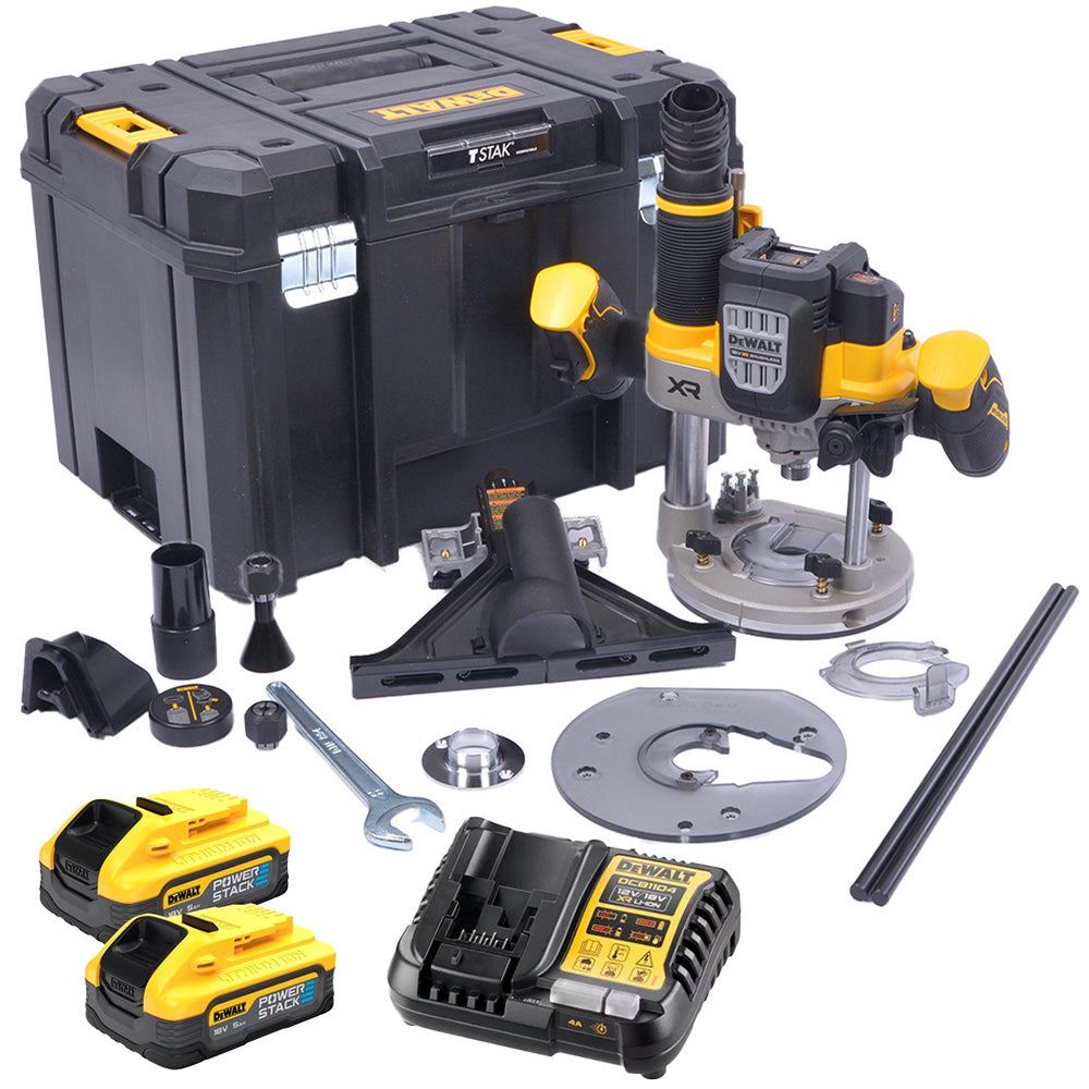 2e9baf05-5a6e-42bd-b1e0-8f32125e29cf Dewalt DCW620H2-GB 18V XR Brushless 1/2" Plunge Router with 2 x 5.0Ah Powerstack Battery Charger & TSTAK Case - Image 1