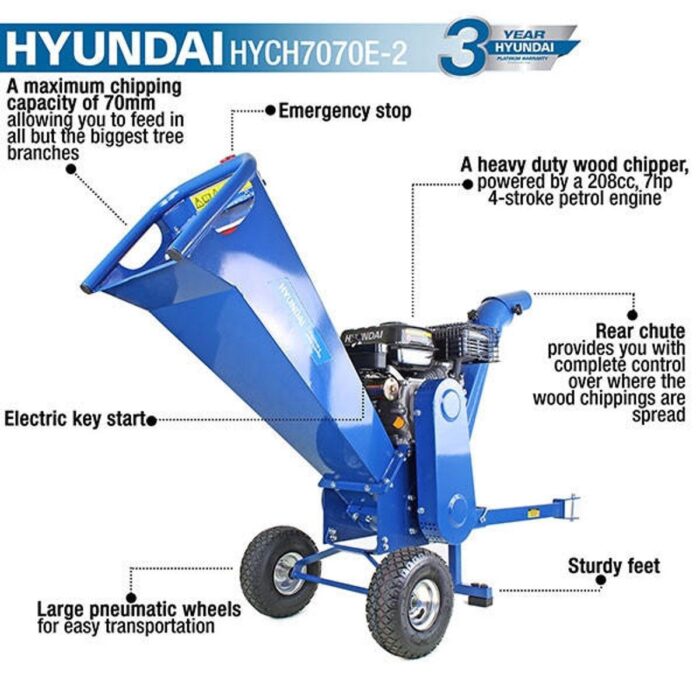 Hyundai HYCH7070E-2 212cc 70mm Petrol Wood Chipper 7hp Electric Start 4-Stroke - Image 2