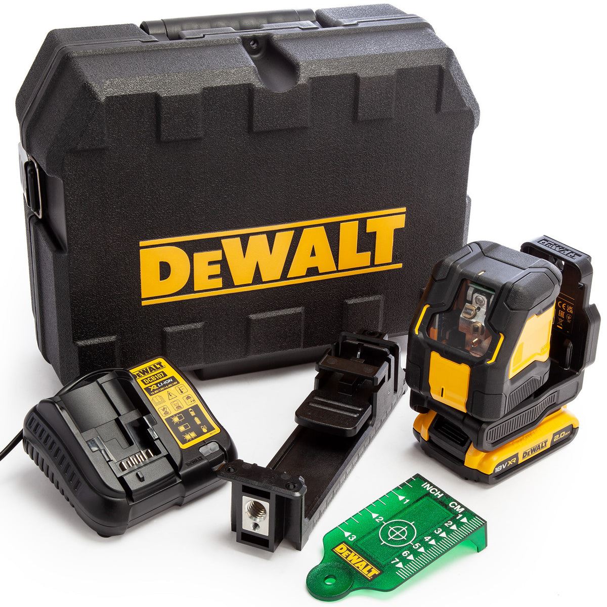 33414409-d00e-4813-91b1-f53939b94e07 Dewalt DCLE34021D1-GB 18V XR Green Cross Line Laser 1 x 2.0Ah Battery Charger & Case - Image 1