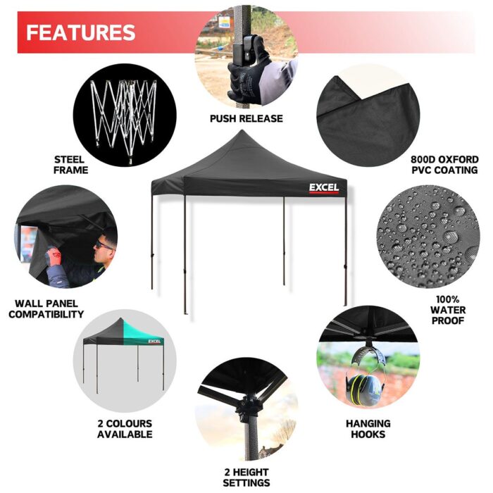 Excel Steel Gazebo 3m x 3m Black Heavy Duty Waterproof with Wheel Bag - Image 2
