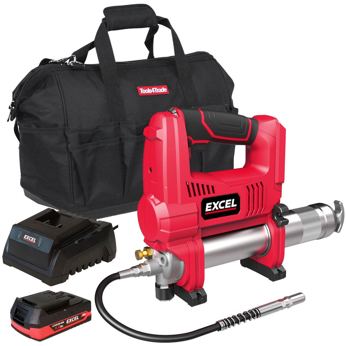 37f18353-58e3-48c6-95da-b08ba0f5a35e Excel 18V Cordless Grease Gun with 1 x 2.0Ah Battery Charger & Bag - Image 1