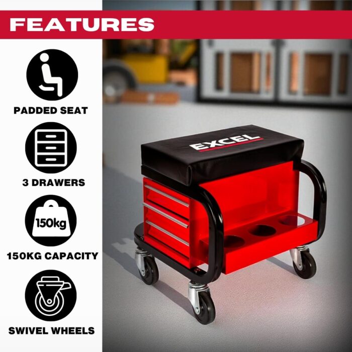 Excel Utility Seat with Toolbox – Padded Rolling Work Stool with 3 Drawers, Can Holders & 150kg Load Capacity - Image 2