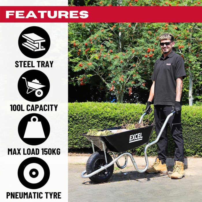 Excel 100L Wheelbarrow with Steel Tray - Image 2
