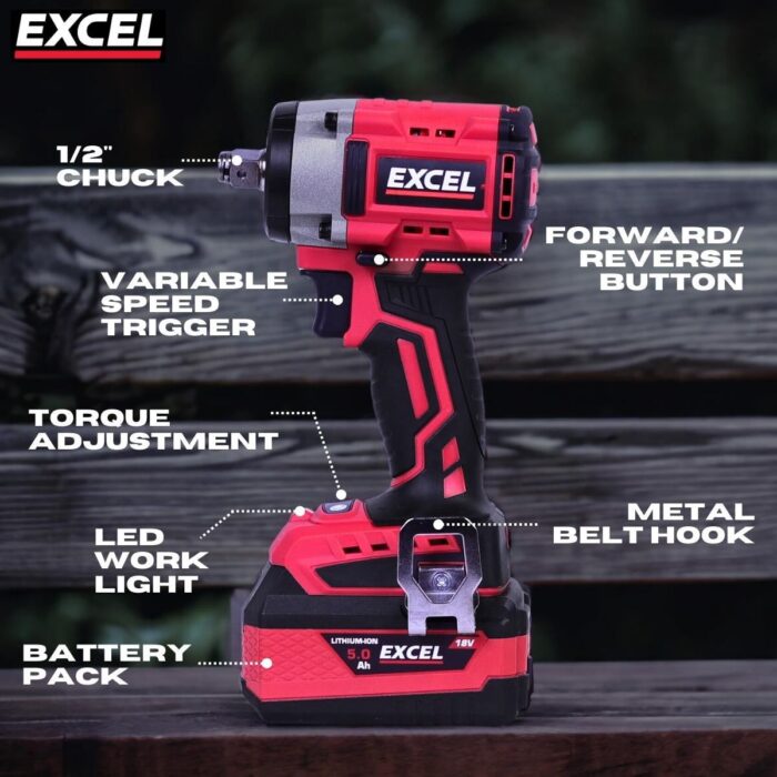 Excel 18V Twin Pack Combi Drill & Impact Wrench with 2 x 5.0Ah Battery & Charger - Image 5