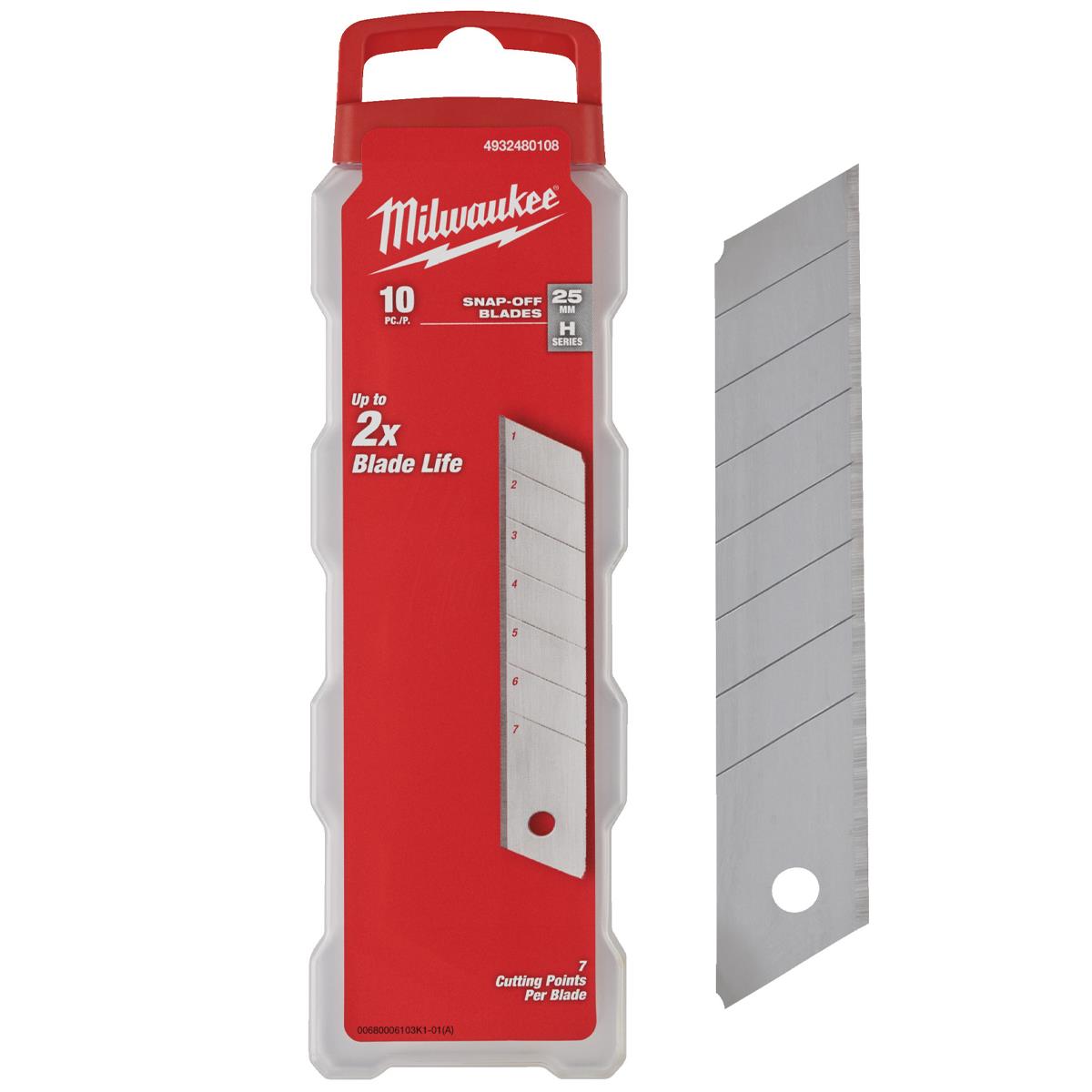 6366d8ab-0c26-4a15-ab81-1d28a2f2da21 Milwaukee 25mm Snap Knife Replacement Blades Pack of 10 4932480108 - Image 1