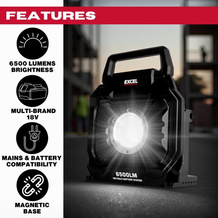 Excel 18V/240V LED Work Light 6500 Lumens with Dewalt 1 x 4.0Ah Battery & Charger - Image 2
