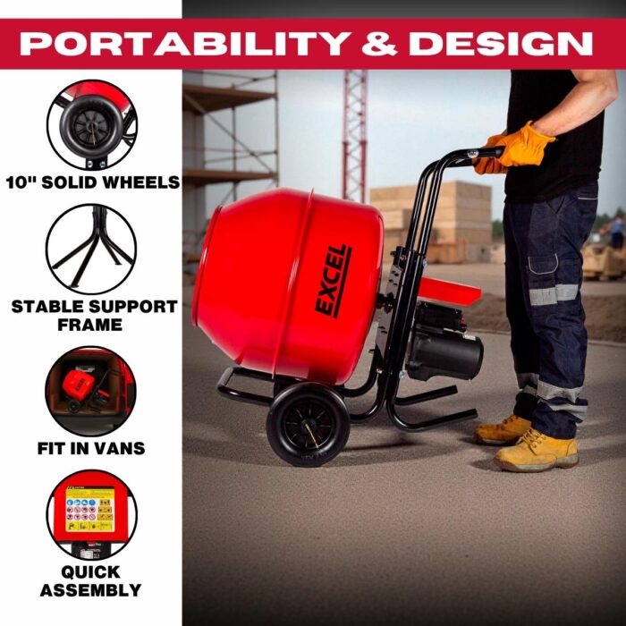 Excel 134L Portable Cement Mixer 240V/370W with Wheels - Image 6