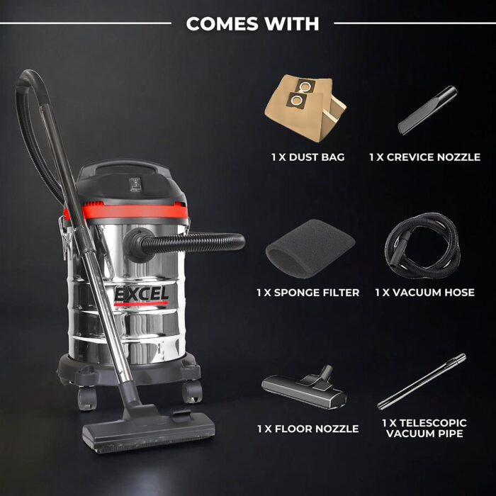 Excel 30L Wet & Dry Vacuum Cleaner 240V/1400W Without Power Take Off Socket - Image 9