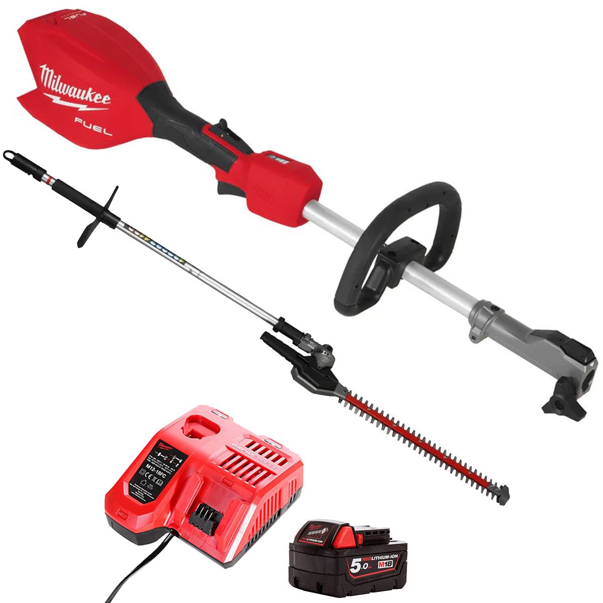 82e6678d-bded-486a-a244-9f7f8e98cd5e Milwaukee M18FOPH2-0 FUEL 18V Brushless Split Shaft with 1 x 5.0Ah Battery Charger & Hedge Trimmer Attachment - Image 1