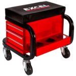 Excel Utility Seat with Toolbox – Padded Rolling Work Stool with 3 Drawers, Can Holders & 150kg Load Capacity