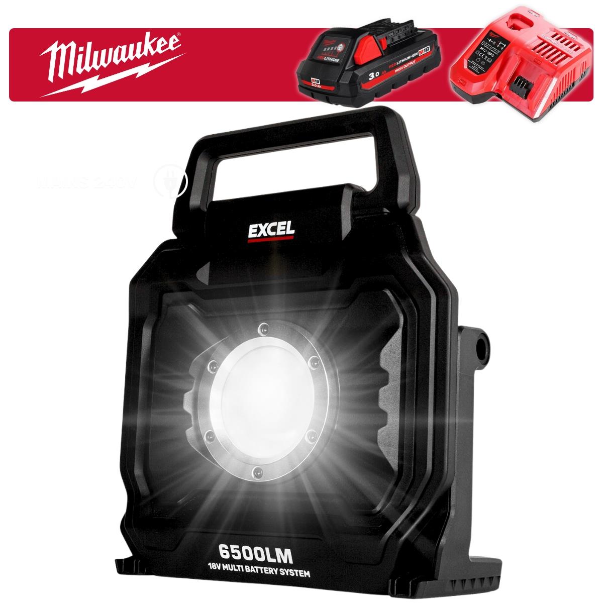 9c0ad7ae-d4df-4689-9e3e-1de50ecbdcd0 Excel 18V/240V LED Work Light 6500 Lumens with Milwaukee 1 x 3.0Ah High Output Battery & Charger - Image 1