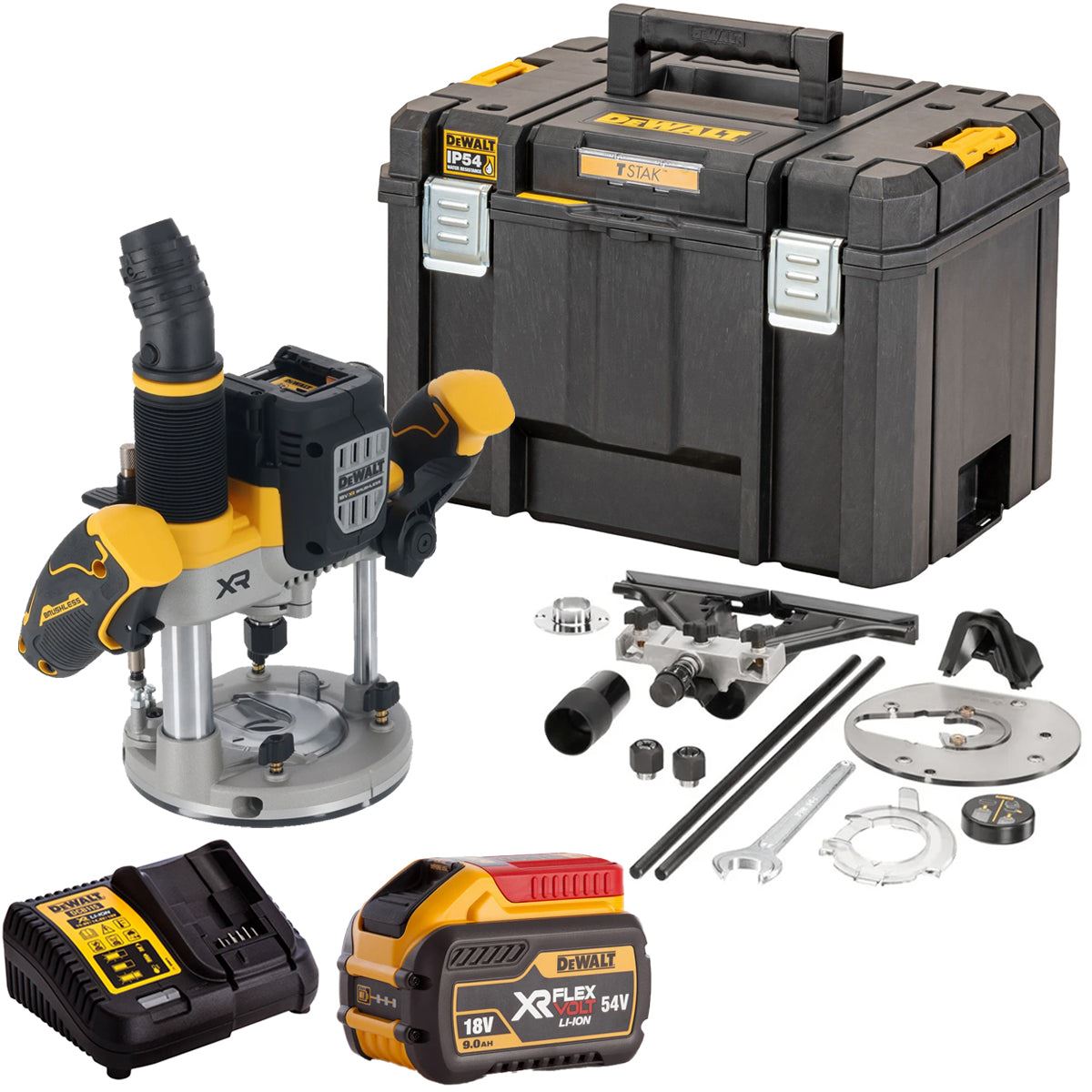9e1f0234-f5bf-405b-b065-c9ea9468fc50 Dewalt DCW620NT 18V XR Brushless 1/2" Plunge Router with 1 x 9.0Ah Battery Charger & Case - Image 1