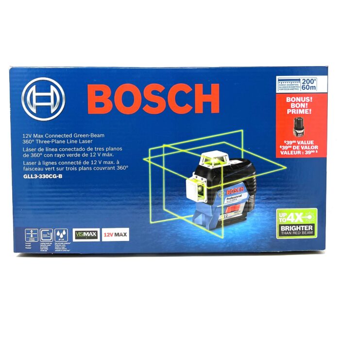 BOSCH GLL3-330CG-B 360-Degree Green Beam Three-Plane Line Laser Level with 2 Batteries - Image 2