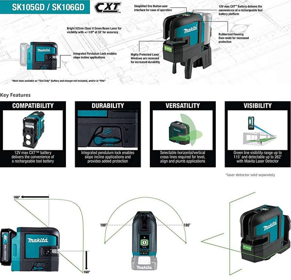 Makita SK105GDNAX 12V max CXT Lithium-Ion Cordless Self-Leveling Cross-Line Green Beam Laser Kit (2.0Ah)