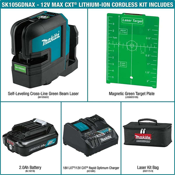 Makita SK105GDNAX 12V max CXT Lithium-Ion Cordless Self-Leveling Cross-Line Green Beam Laser Kit (2.0Ah)