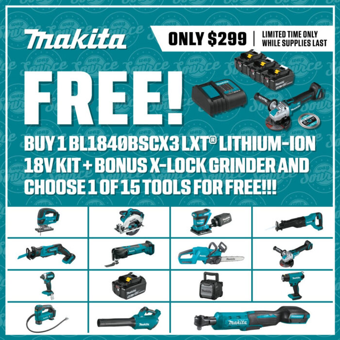 Makita BL1840BSCX3 18V LXT Lithium-Ion Battery and Charger Starter Pack, 3ea. BL1840B, DC18SD, XAG25Z, E-07406 (4.0Ah) + Free Item - Image 2