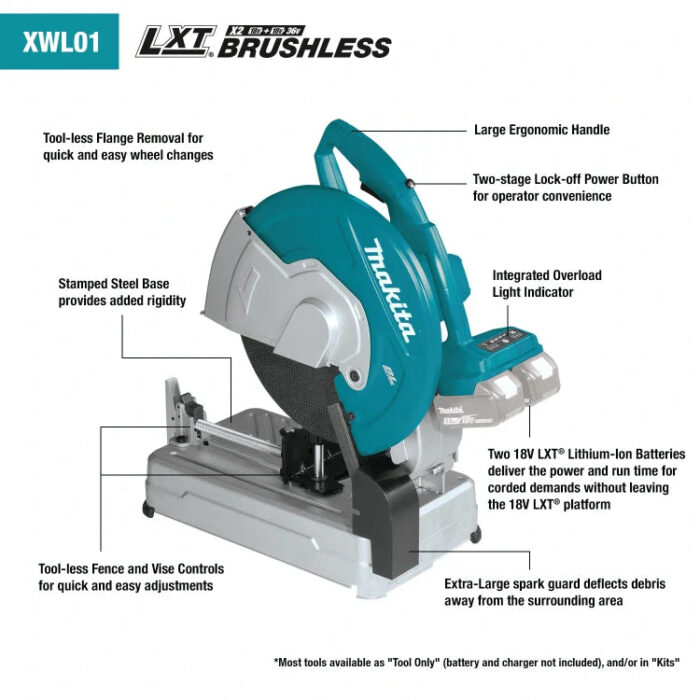 Makita XWL01PT 36V (18V X2) LXT® Brushless 14" Cut-Off Saw Kit, dual port rapid charger, electric brake (5.0Ah) - Image 3