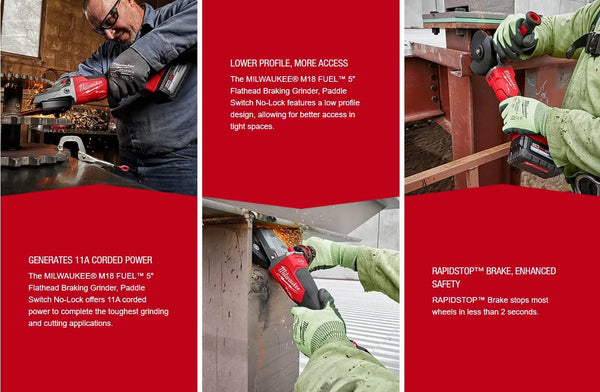 Milwaukee 2886-20 M18 FUEL™ 5" Flathead Braking Grinder, Paddle Switch No-Lock