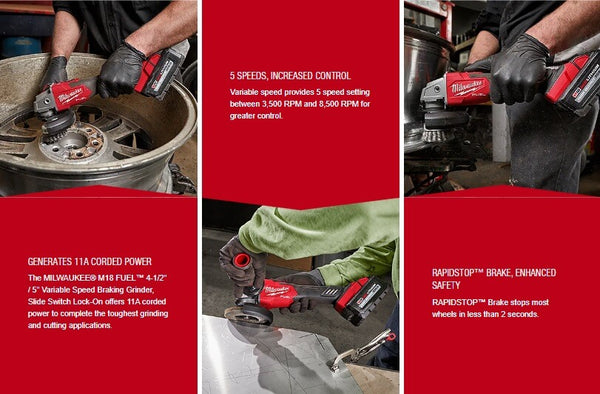 Milwaukee 2889-20 M18 FUEL™ 4-1/2" / 5" Variable Speed Braking Grinder, Slide Switch Lock-On