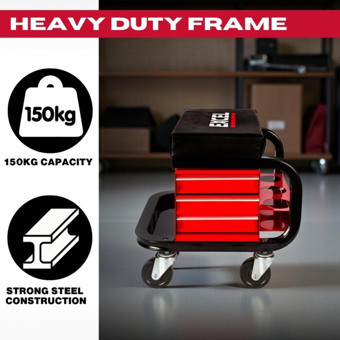 Excel Utility Seat with Toolbox – Padded Rolling Work Stool with 3 Drawers, Can Holders & 150kg Load Capacity - Image 7