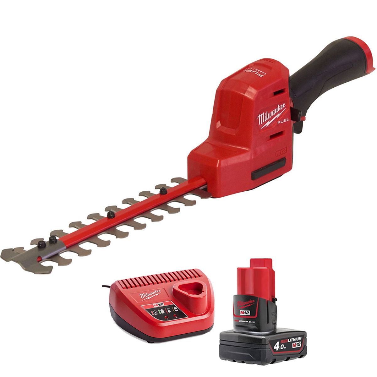 a5bfa030-493f-4819-8e59-38c984b1e2e1 Milwaukee M12FHT20-0 12V Brushless 20cm Hedge Trimmer with 1 x 4.0Ah Battery & Charger - Image 1