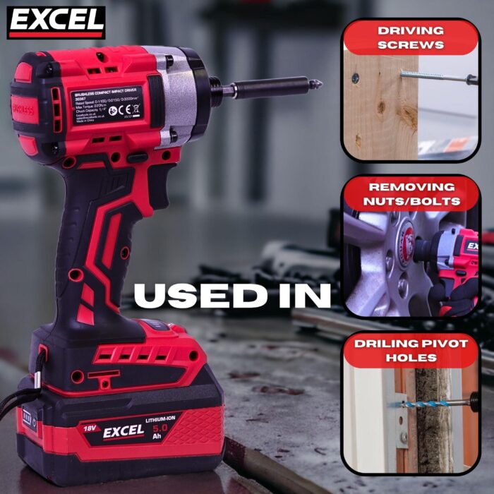 Excel 18V Brushless Twin Pack Impact Driver & Combi Drill with 2 x 4.0Ah Battery & Charger - Image 16