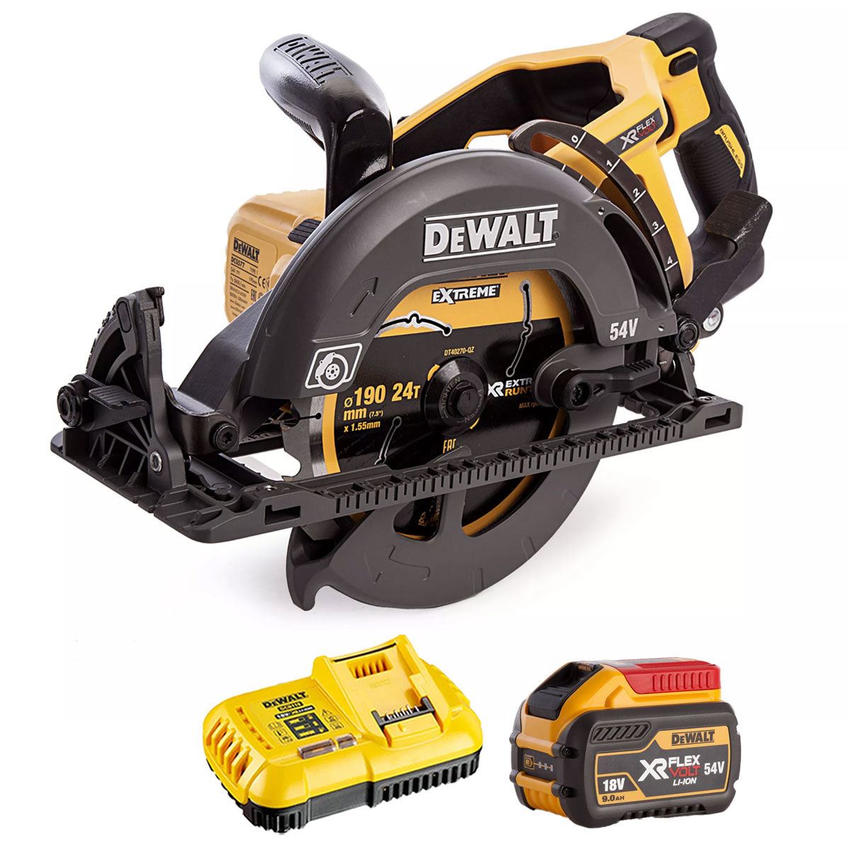 ac0aefca-065d-42fe-9e13-62cdb698bd02 Dewalt DCS577N 54V XR FLEXVOLT Brushless Circular Saw with 1 x 9.0Ah Battery & Charger - Image 1