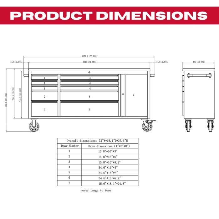 Excel 72" 10 Drawer Stainless Steel Roller Cabinet & Heavy Duty Workbench - Image 2