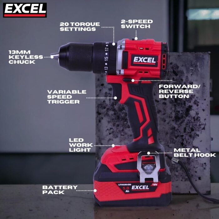 Excel 18V Twin Pack Combi Drill & Angle Grinder with 2 x 5.0Ah Battery & Charger - Image 3