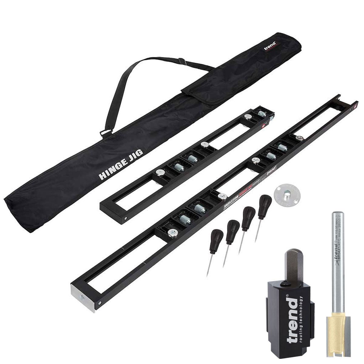 b7519cfb-488a-486b-9072-bd1e272b22cd Trend Hinge Jig 2 Piece with Accessories, Corner Chisel HSS & 1/4" Two Flute Cutter - Image 1