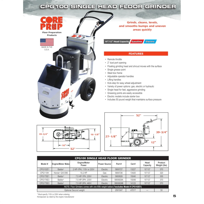 Concrete Surface Grinder - Core Prep CPG175 - Single Head - 10"/12" - 7.5HP - Image 3