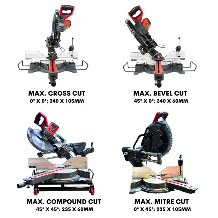 Excel 12" 305mm Sliding Mitre Saw Double Bevel 1800W/240V with Laser & Universal Wheel Stand - Image 3