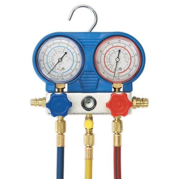 d524f7a5-c9fa-4b04-b147-8aa299222d11 Sealey VSAC002 Air Conditioning System Manifold with Sight Glass - Image 1