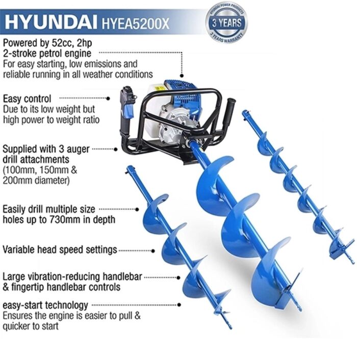 Hyundai HYEA5200X 52cc Petrol Earth Auger, Post Hole Borer and Ground Drill 100, 150 & 200mm - Image 2