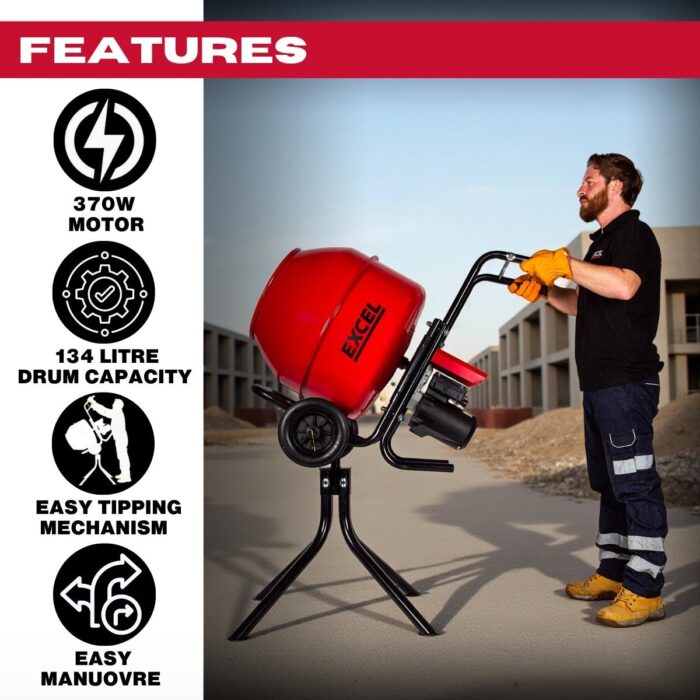 Excel 134L Portable Cement Mixer 240V/370W with Wheels - Image 2
