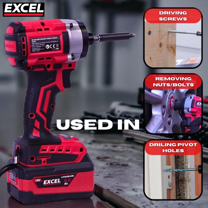 Excel 18V Cordless Brushless Impact Driver with 1 x 4.0Ah Battery Charger & Bag - Image 7