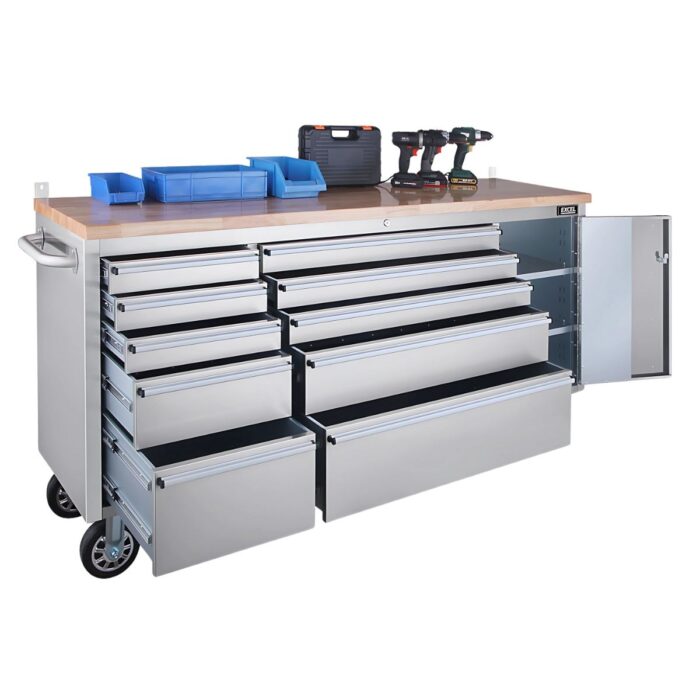 Excel 72" 10 Drawer Stainless Steel Roller Cabinet & Heavy Duty Workbench - Image 5