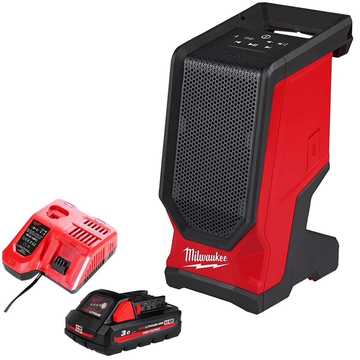 eceb6da6-5ebf-4c28-ac60-85dd7140ced1 Milwaukee M18SPEJSG2-0 M18 18V Jobsite Speaker with 1 x 3.0Ah Battery & Charger - Image 1