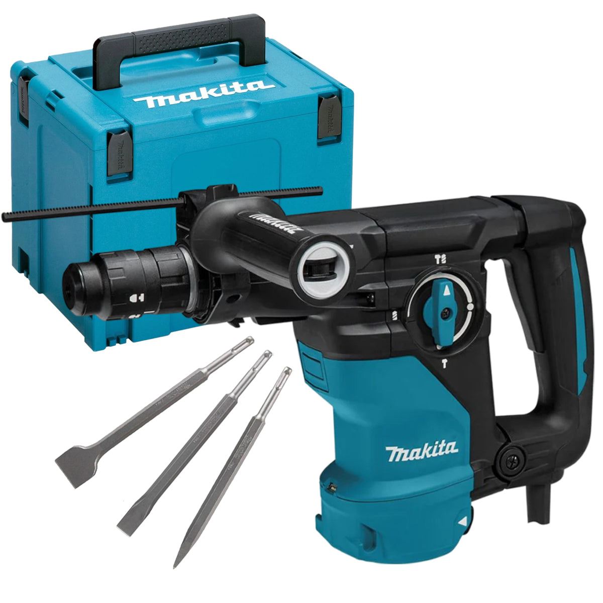 edf331de-6593-4232-b9ff-d038781ccc5e Makita HR3012FCJ/1 SDS+ Rotary Hammer Drill 110V with 3 Piece Chisel - Image 1