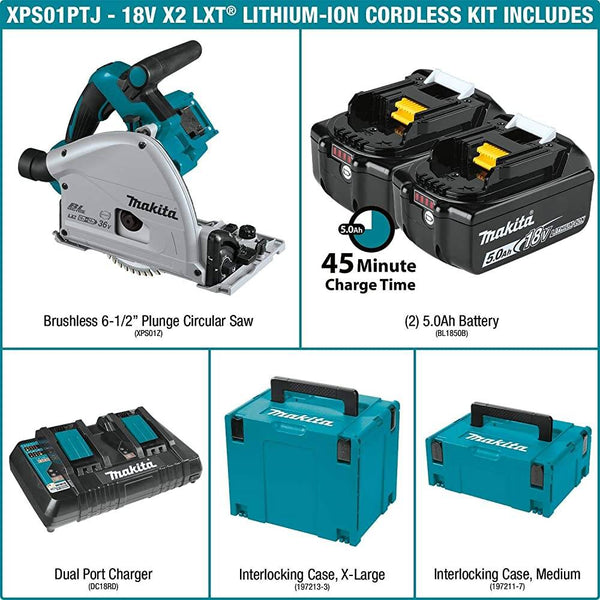 Makita XPS01PTJ 5.0Ah 18V X2 LXT Lithium-Ion (36V) Brushless Cordless 6-1/2" Plunge Circular Saw Kit
